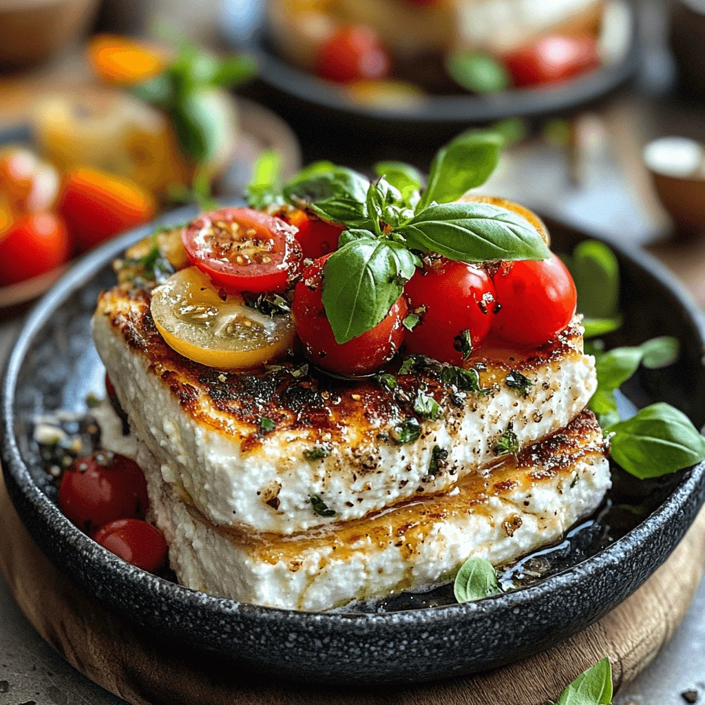 Grilled cottage cheese topped with cherry tomatoes, fresh basil, and herbs, served on a black plate.